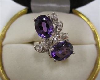 14K White Gold, Amethyst & Diamond Pinkie Ring - Size 3.25
