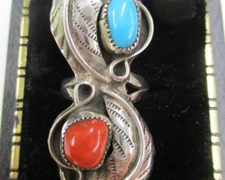 Southwest Silver, Turquoise & Coral Ring - Size 6