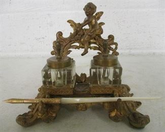 Victorian Double Inkwell w/Cherub & Mother of Pearl Handled Quill Pen