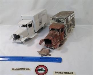 2 vintage metal craft pressed steel Heinz 57 advertising old tin toy delivery truck