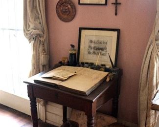 Ink bottles , desk, antique ledger, old new orleans print
