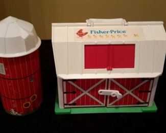 1968 Fisher-Price Little People Farm. Has farmer, pig, trough, fence, tractor and trailer, and silo. Door still "MOO'S" when opened!