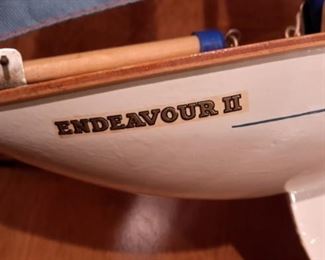 Endeavor II wood sailboat with metal rudder and keel.
