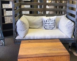 Factory Cart Sofa w Vintage Ticking, Box Coffee Table w Iron Base (storage)