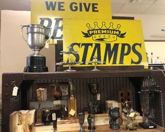 Vintage Trophies, Park Hill Reading Country Club Horse Show 1930 Trophy, Large Industrial Cart, Vintage We Give Regal Premium Stamps Sign, Arte Italica Vetro Gold Gilded Compotes