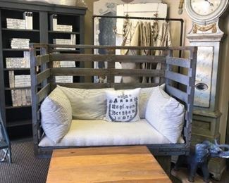 Factory Cart Sofa, French Standing Clock, Primitive Blue Shelving Unit, Quotable Books, Box Coffee Table w Iron Base