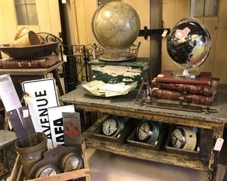 Vintage French Street Signs, Westerlin & Campbell Engineers Meter, Slanted Bins, Large Shallow Wire Basket, Vintage Wood Bench, Vintage Adams Rd Iron Panel, ...