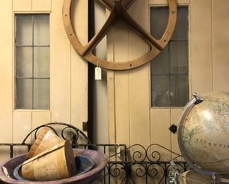 Round Oak Foundry Mold, Wooden Plugs, Wooden Bowls, Block INdex Book, Vintage Gates, Rusty Base