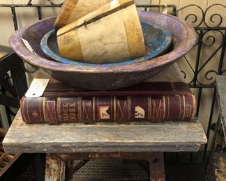 Wooden Plugs, Wooden Bowls, Block Index Book, Rusty Base