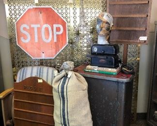 Brass Casino Mesh, Stop Sign, Belgian Linen Bags, Vintage Time Clock, Industrial Cabinet w Red Shelves, Theater Chair...