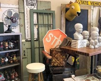 Vintage 5 Panel Door w White Knobs, Green Door w Lock Hardware, Stamp Sign, Green Door, State Vehicle Sign, Deer Head, Heads