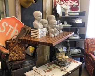 Dairyland Sign, Fire Door Coffee Table, Asst Heads, Deer Head, Orange Examination CHair, Assorted Platters and PLates, State Vehicle Sign