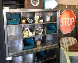 Metal Cubbies, Vintage Clock, Pik-a-Nut Pak Assortment Metal Shelf, Teal Metal Bins, Mantle Clock