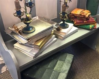 Enamel Tole Buffet Lamps w Painted Flowers, Nickel Trays, Sari Throws