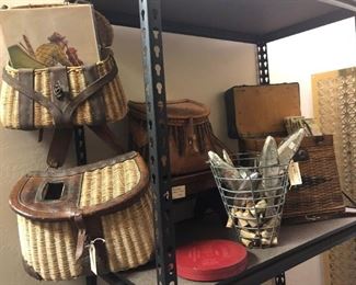 1900's Geo Lawrence Creel, 1900's Frog Creel, Standard Oil Red Truck Flare, Clay Perkins #14 Creel, Primitive Brown Stool, English Fly Fish Seat & Tackle Basket, Vintage Golf Ball Basket