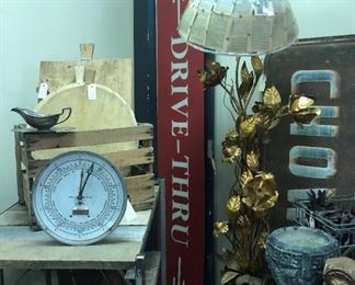 Vintage Flexy Racer, Neptune Gas Pump Gauge, 3 Shelf Amish Cart, Asst Bread Boards, Metal Floral Floor Lamp, 1-of-a-Kind Lampshade, Purina Chow Signs, Drive-Thru Sign