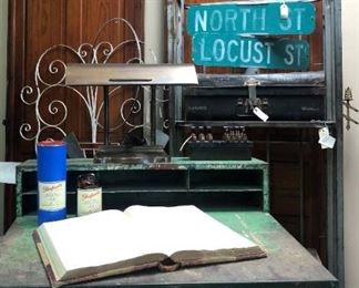 Vintage Metal High Desk, Bronze Art Deco Desk Lamp, Fuze Box Art, Small Green Metal Military Box, North & Locust Street Sign, Glenfarclas Highland Single Malt Scotch Pen Holder