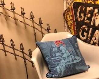 Lady of Fire Pillow, White Modern Chair, Church Candelabras pr