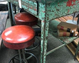 Vintage Red Vinyl Bar Stools, Vintage High Metal Desk