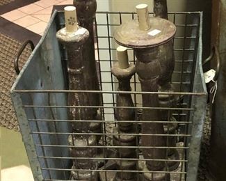 Assorted Wood Candle Holders, Zinc Basket