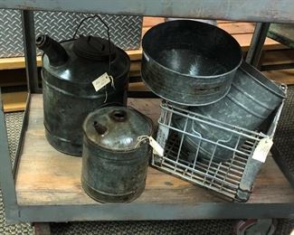 Factory Cart w Wood Top, Vintage Gas Cans, Vintage Metal Milk Bottle Crate,