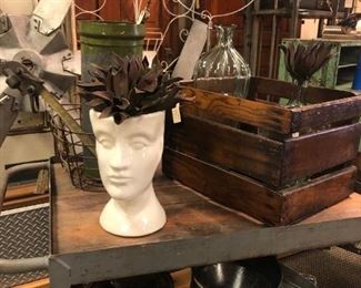 Vintage Apple Crate, Tall Glass Vase, Metal Canister, Filling Station Pump Numbers, Metal Basket