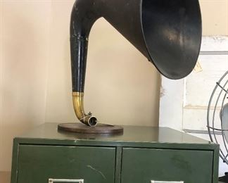 Black Victrola Horn, Green Metal Military File Box