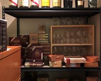 Assorted Vintage Cigar Boxes, Stemware, Glassware