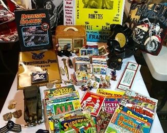 Baseball cards, Comics, Military Patches, Posters, Battlestar Puzzle, old radio, letter openers, old tin signs 