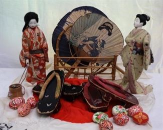 Wooden head Japanese dolls, fans, and Geta Sandals