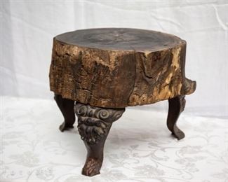 Antique Wood Stump Stand with Cast Iron legs