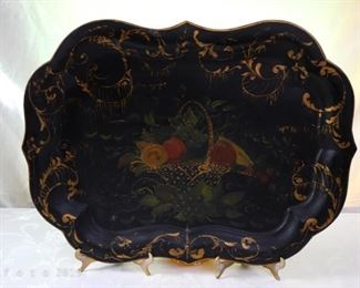 Antique 19th C. French Victorian Hand Painted Birds Tole Metal Toleware Tray