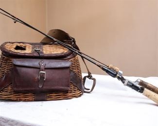 Vintage Wicker Fishing Creel/Basket with Leather Banding and Front Pouch and Fishing rods