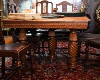 Antique oak victorian square dining table with five leaves