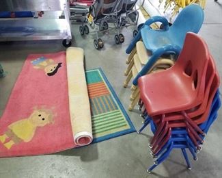 (10) Childrens Chairs and 2 Rugs
