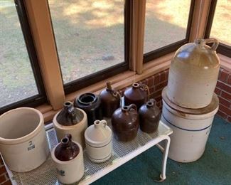 Assortment of Churns up to Size 10 Gallon and Jugs