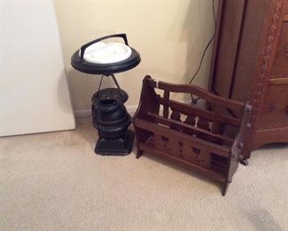 Vintage magazine rack $35.00, cast iron ashtray stand $35.00