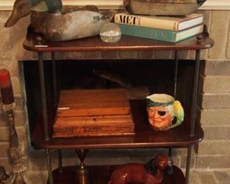 Pretty 3 stand table with carved wood ducks, antique writing box and more