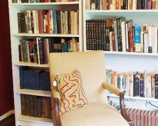 Vintage Armchair, White Bookcases, LOTS books!