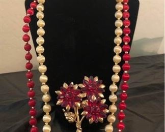 Red and Gold Like Necklace Set with Brochette and Adjustable Earrings