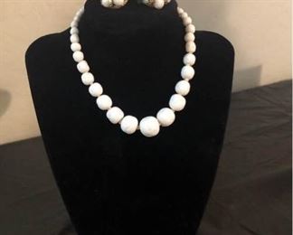 White Stone Like Necklace and Two Matching Pairs of Earrings