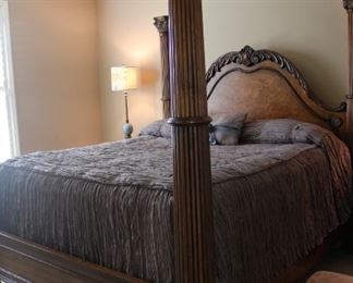 Stately and elegant king size bed includes (not shown) iron canopy with wood center medallion