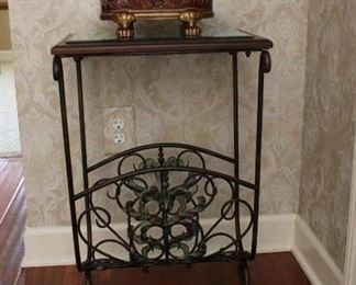 cast iron and wood side table