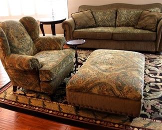 Charming living room set includes sofa, love seat, chair and ottoman. Very plush and decorative upscale seating.