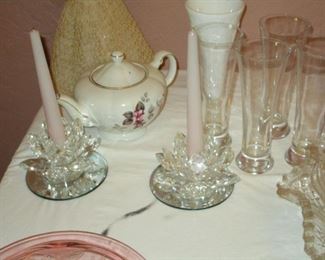 ENGLISH TEAPOT AND CRYSTAL CANDLE HOLDERS 
