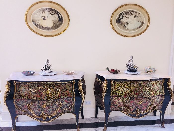 Sold as a pair or separately. ANDRE BOULLE: A PAIR OF ANDRE BOULLE COMMODES. 24K GOLD PLATING, BRONZE AND BRASS LOUIS XV STYLE MARBLE TOP 2- DRAWER BOMBE COMMODES/CHESTS: Here sits an exact replica of a priceless piece from the renown Andre Boulle 1725-1814. The original resides in France's Versaille Palace. This exquisite piece was all hand crafted using the finest materials and master craftsmanship. Inlay of solid brass and solid bronze. 24K gold plating throughout. Never polish gold! The marble top is Carama, getting rare and truly beautiful as it ages. The patina exudes a warm glow and does not stain. A piece of Carama marble of this size and quality is significant. Andre Boulle is the finest-functional French Furniture made because of the strong quality controls set by his estate. The value only increases in time. Height: 33.5 inches x Width: 45.5 x Depth: 20.5 inches