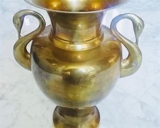 A PAIR OF BRASS DECORATIVE VASES: Pair of Brass Decorative Vases With Swan Handles: Height 14.5 x Width 12 inchesWI