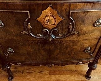 AN ANTIQUE LOUIS XVI STYLE WALNUT MARQUETRY 3-PIECE CARVED BEDROOM SUITE/SET: Set includes one bed, one 3-drawer commode-dresser w/mirror and one 5-drawer commode-dresser w/mirror. Bed Frame Height 31 x Width 51 x Length 78 inches. Low dresser Height 70 x Width 39 x Depth 20 inches. Taller Dresser Height 74 x Width 52 x Depth 22 inches. Bedframe Height 31 x Width 56 x Length 78 inches.  Mattress not included.