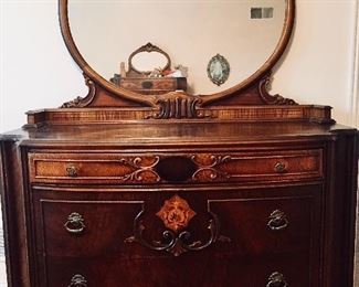 AN ANTIQUE LOUIS XV STYLE WALNUT MARQUETRY 3-PIECE CARVED BEDROOM SUITE/SET: Set includes one bed, one 3-drawer commode-dresser w/mirror and one 5-drawer commode-dresser w/mirror. Bed Frame Height 31 x Width 51 x Length 78 inches. Low dresser Height 70 x Width 39 x Depth 20 inches. Taller Dresser Height 74 x Width 52 x Depth 22 inches. Bedframe Height 31 x Width 56 x Length 78 inches.  Mattress not included.