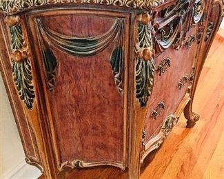 SINGLE ANTIQUE VENETIAN HAND-PAINTED BOMBE COMMODE/CHEST WITH MARBLE TOP: One-of-a-kind beautifully hand carved and painted venetian accents from Moroccan-imported wood. Height 38 x Width 42 x Depth 19.5 inches.